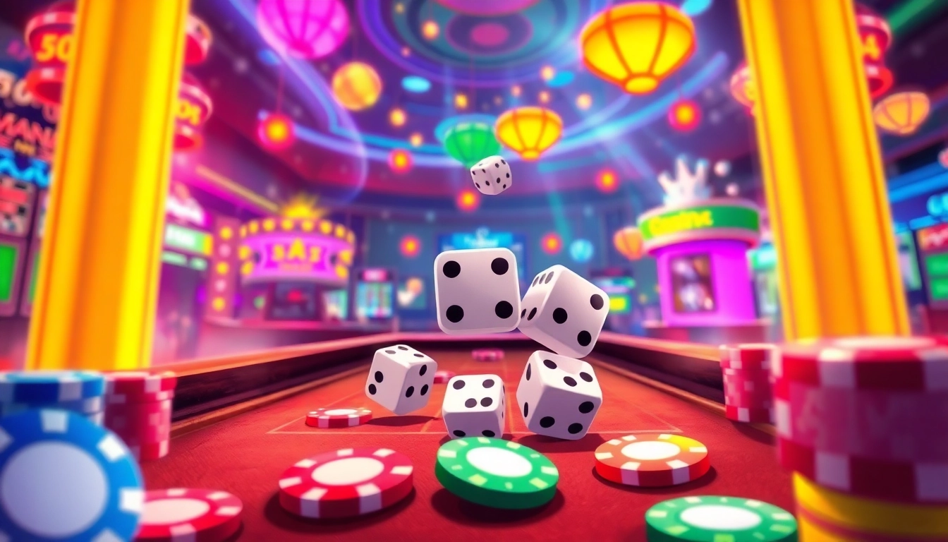 Engage in the thrilling world of ok win with colorful chips and dice in a lively casino scene.