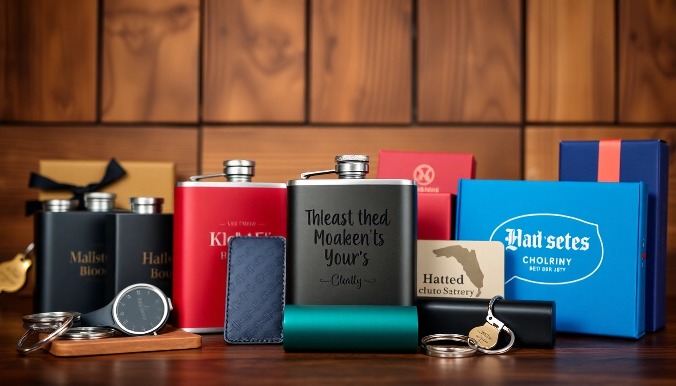 Explore a variety of cheap groomsmen gifts like personalized flasks and keychains displayed on a wooden surface.