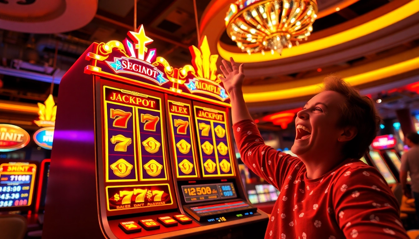 Witness a thrilling moment at a slot gacor machine with colorful lights and a celebrating player.