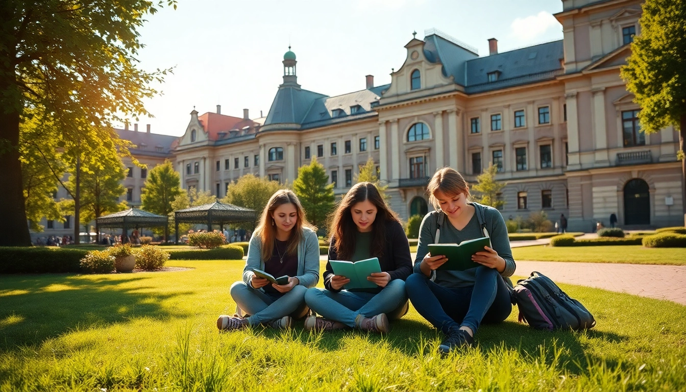 Students engaging in Polonya'da Üniversite Eğitimi surrounded by a beautiful university campus.