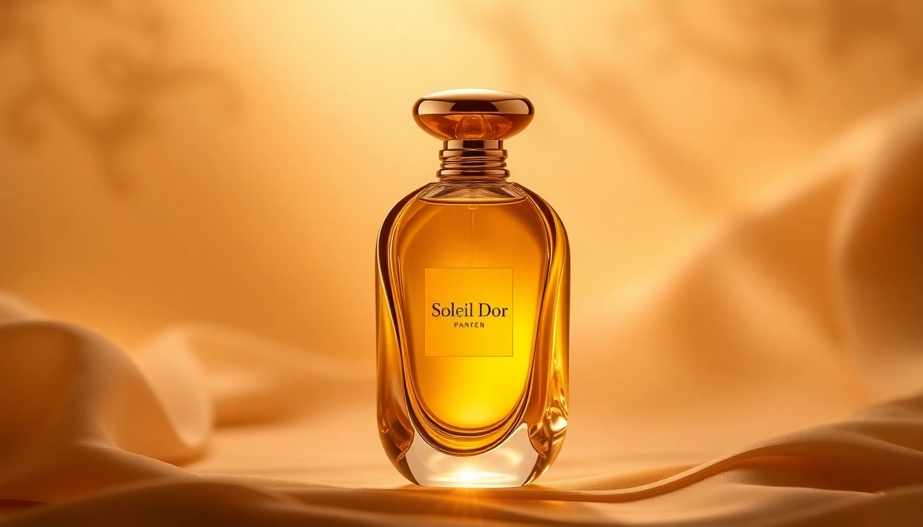 Admire the luxurious Soleil Dor fragrance bottle with its elegant design and golden hue.