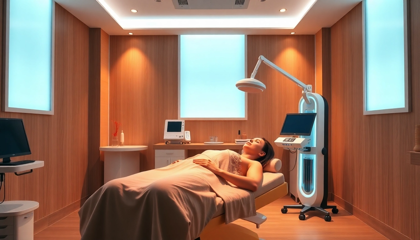 Client receiving body sculpting treatment in a modern clinic with advanced equipment.