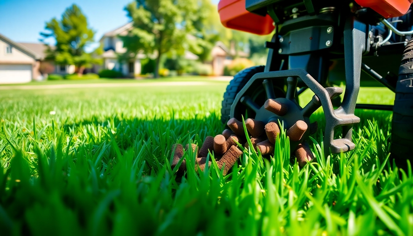 Core aeration process with a lawn aerator removing soil plugs, improving lawn health.