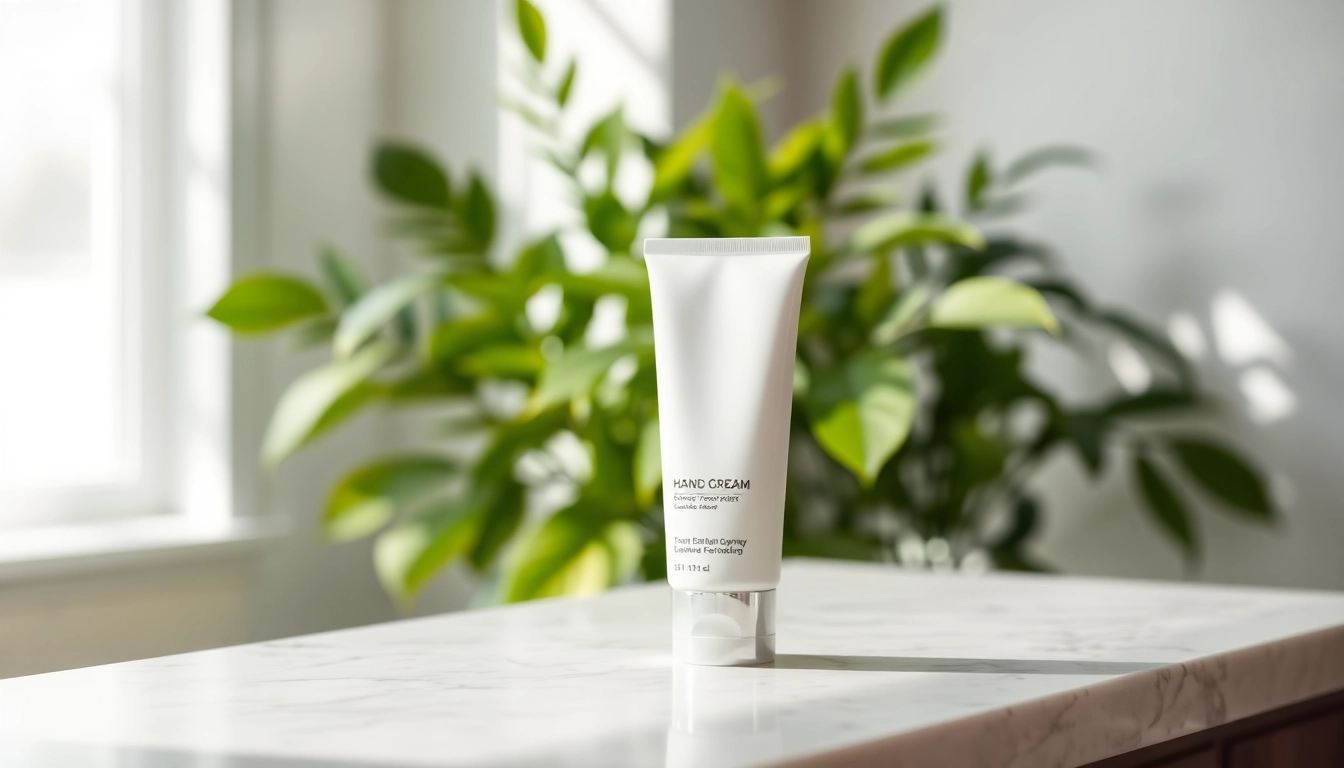 Hand cream Supplier showcasing a luxurious bottle design amidst natural elements for a fresh aesthetic.