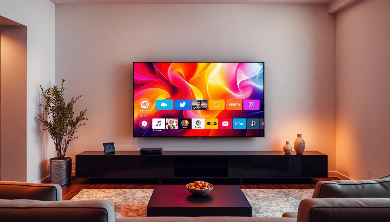 Stream IPTV Suisse on a modern TV in a stylish living room, showcasing a vibrant interface.