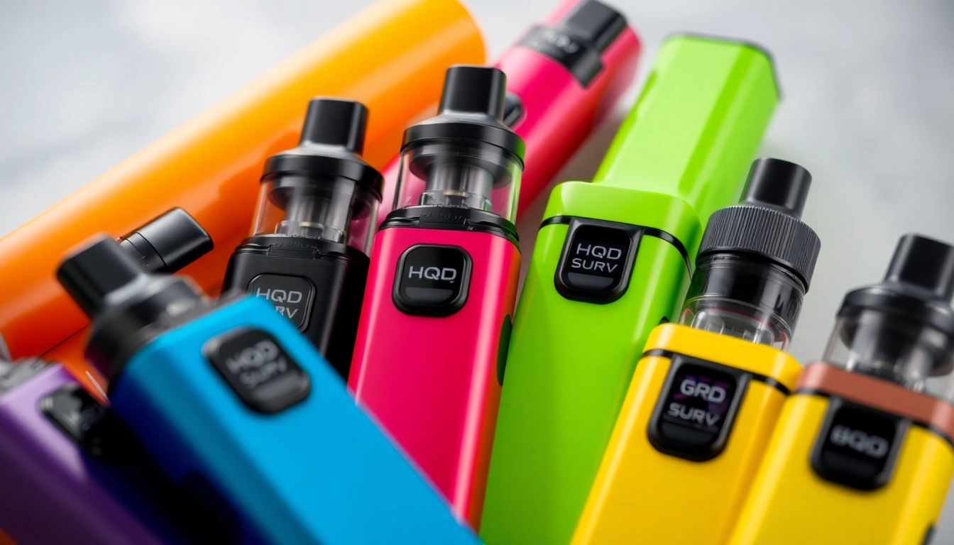 Shop HQD Surv kaufen with a vibrant display of flavors, showcasing colorful vape devices.