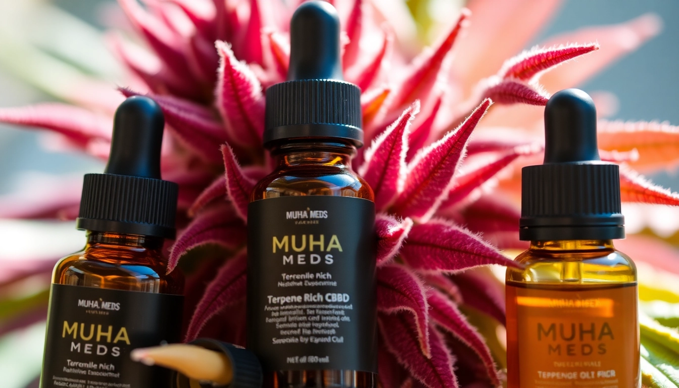 Capture the essence of Muha Meds terpene-rich CBD products in vibrant oil vials highlighting their natural quality.