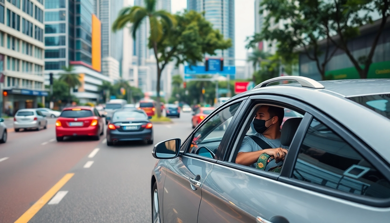 Highlight a cheap car rental with driver Kuala Lumpur, showcasing a driver ready to assist passengers at a busy city location.