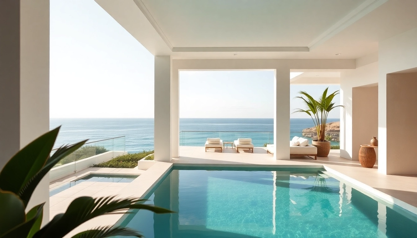 Showcasing villa sales with a stunning tropical villa featuring an inviting pool and ocean view.