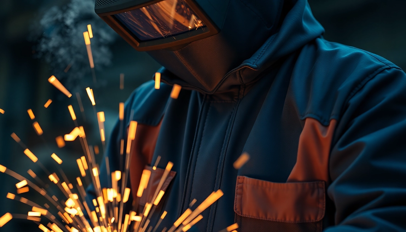 Welder wearing a protective welding jacket in action, showcasing durability and flame resistance.