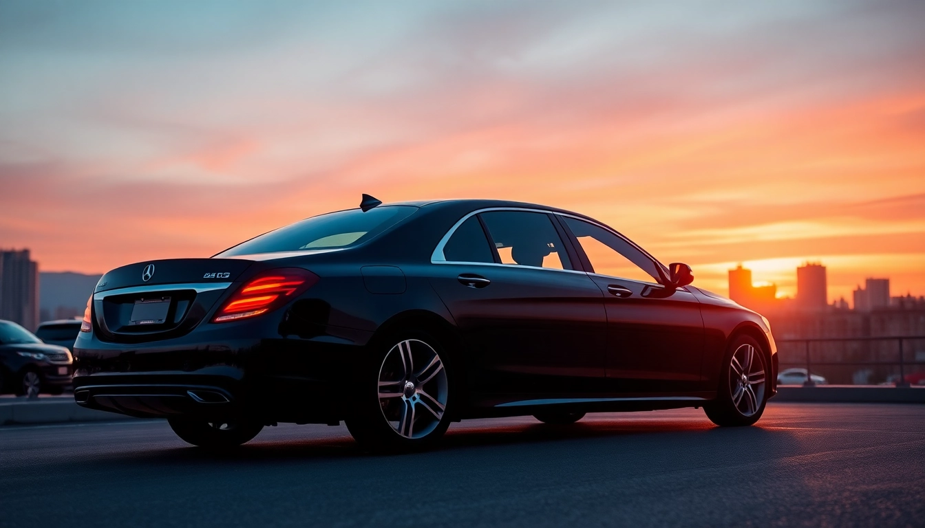 Experience a cheap private car service Vancouver in a sleek black sedan with a stunning city view.