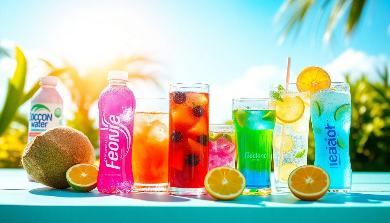 Hydrate with delicious electrolyte-rich beverages displayed in a vibrant outdoor setting.