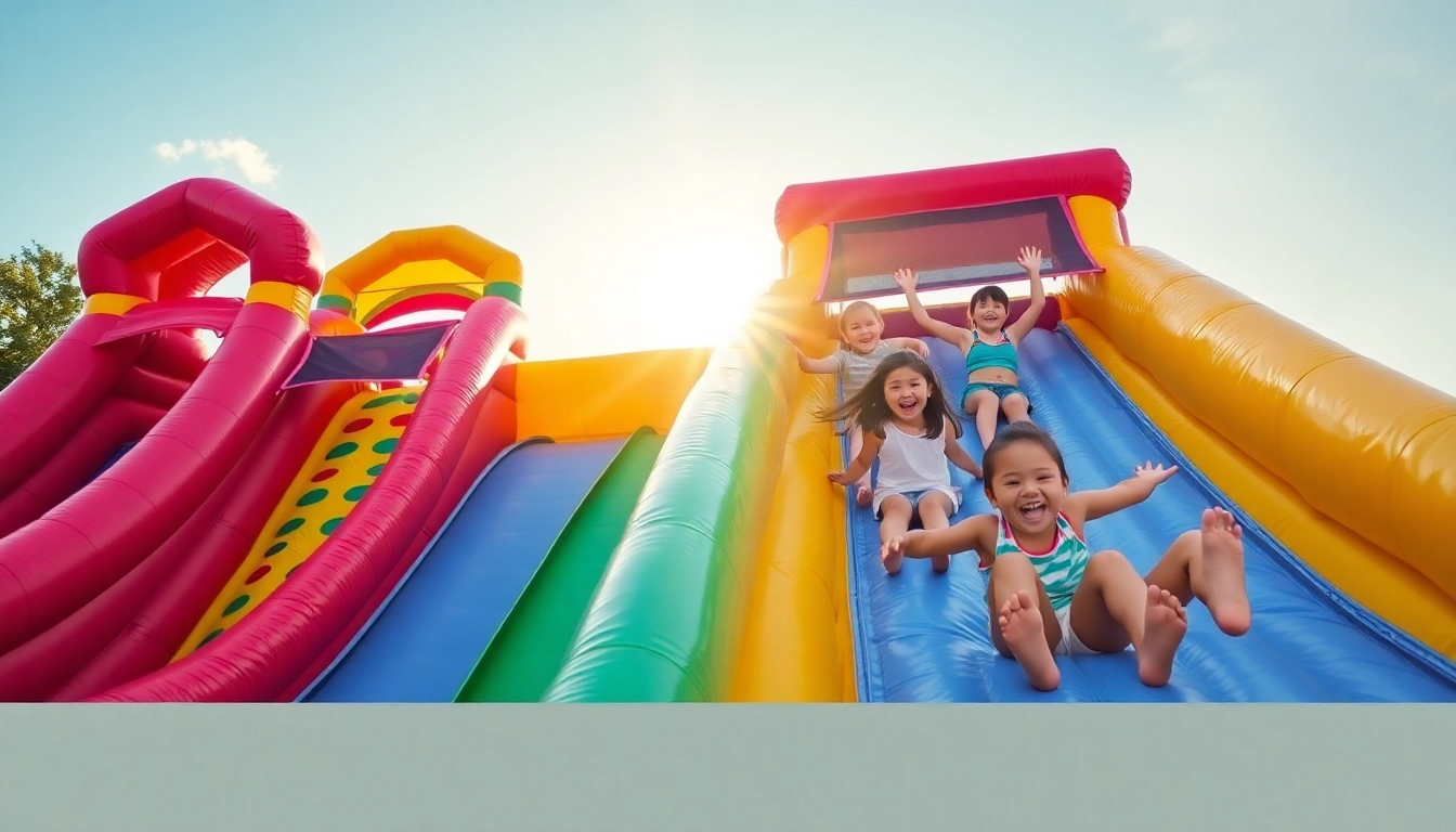 Kids enjoying a fun slide rental at a lively outdoor party with inflatable slides.