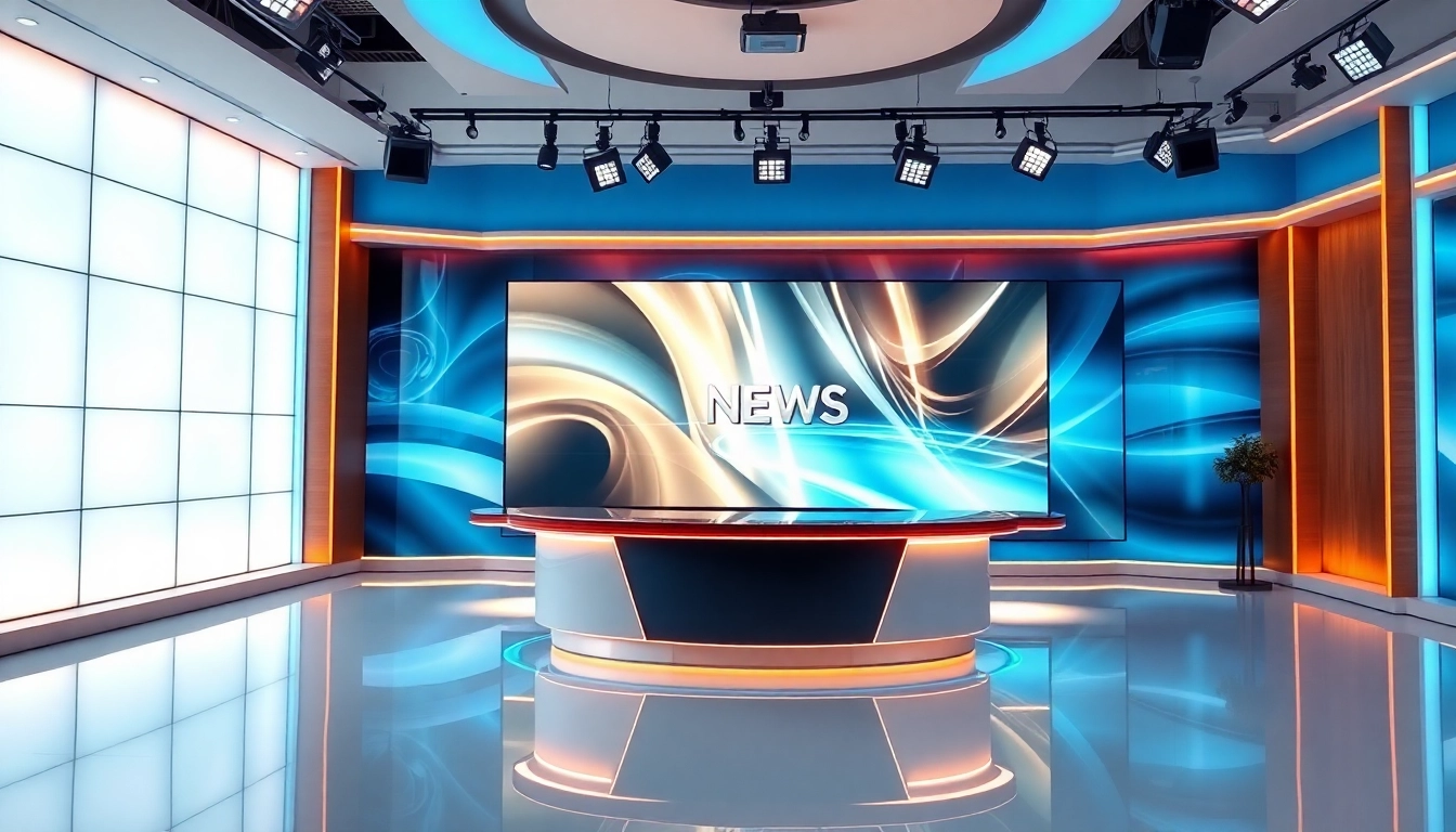 News broadcast featuring a modern studio setup with dynamic headlines displayed on screen.