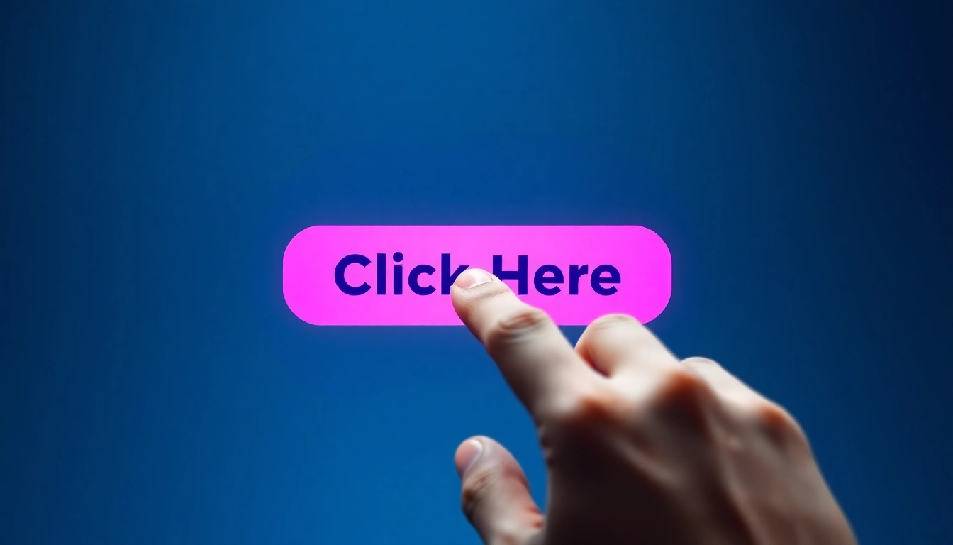 Click Here button being activated by a hand, showcasing user interaction in a digital context.