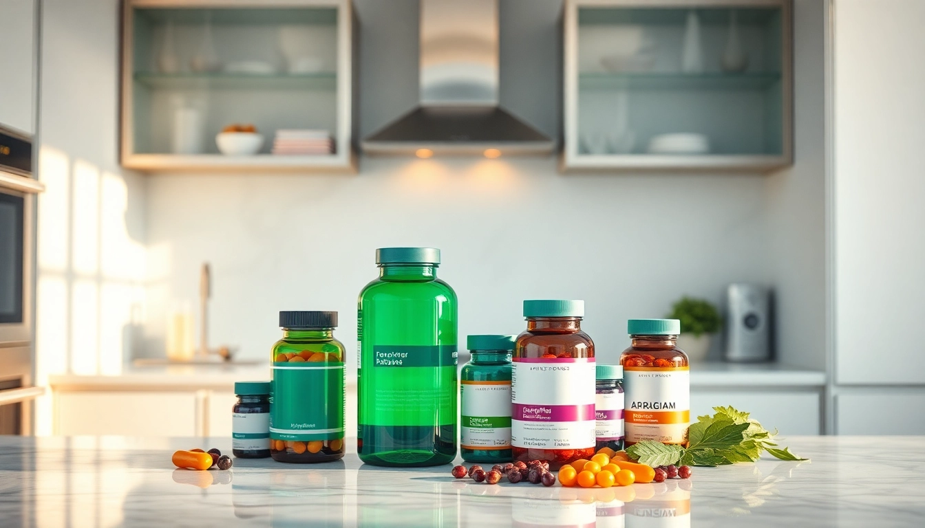 Showcasing dietary supplements arranged on a marble countertop, highlighting their vibrant colors and health benefits.