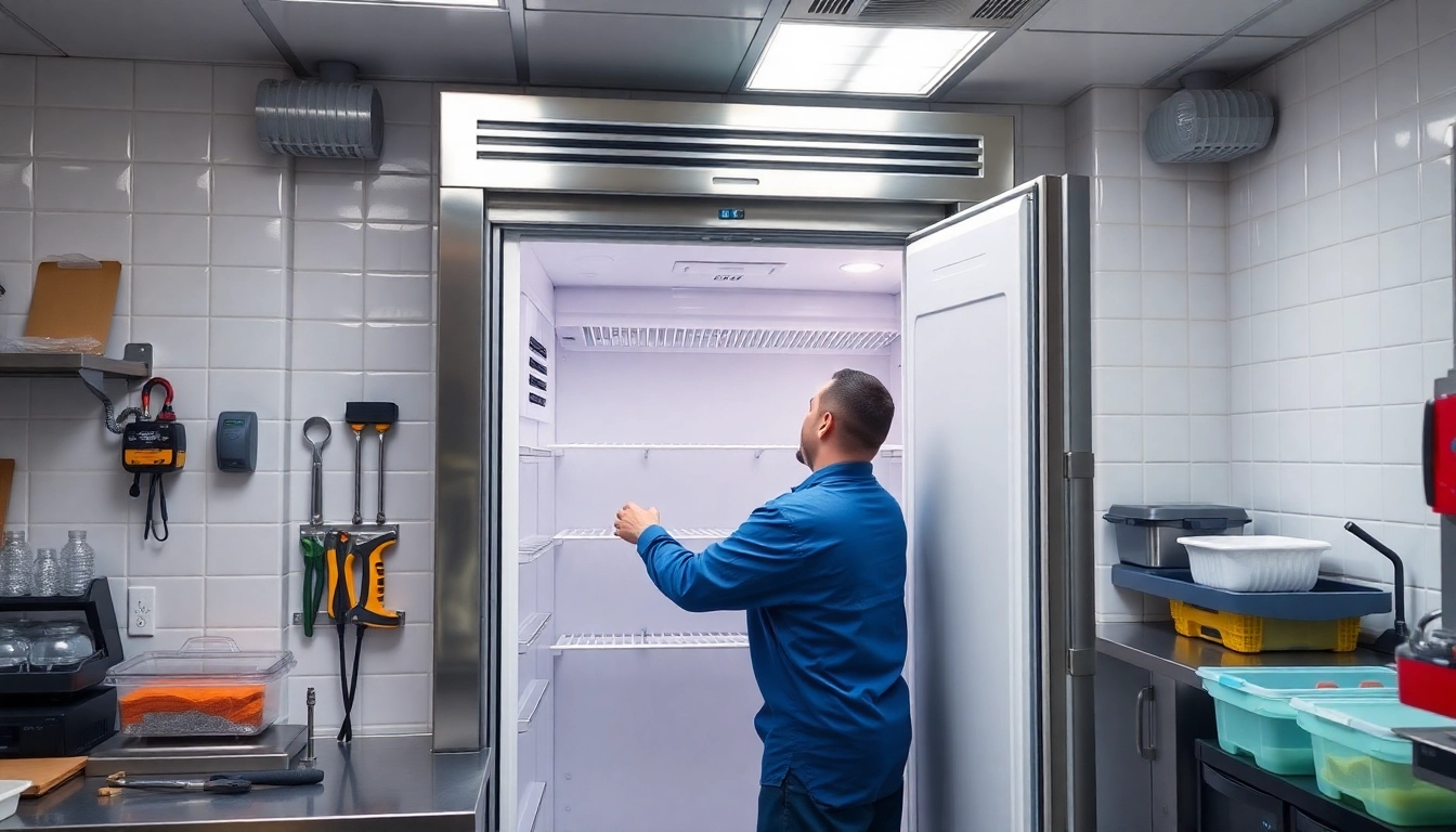 Expertly performing walk in freezer repair in a commercial kitchen environment.