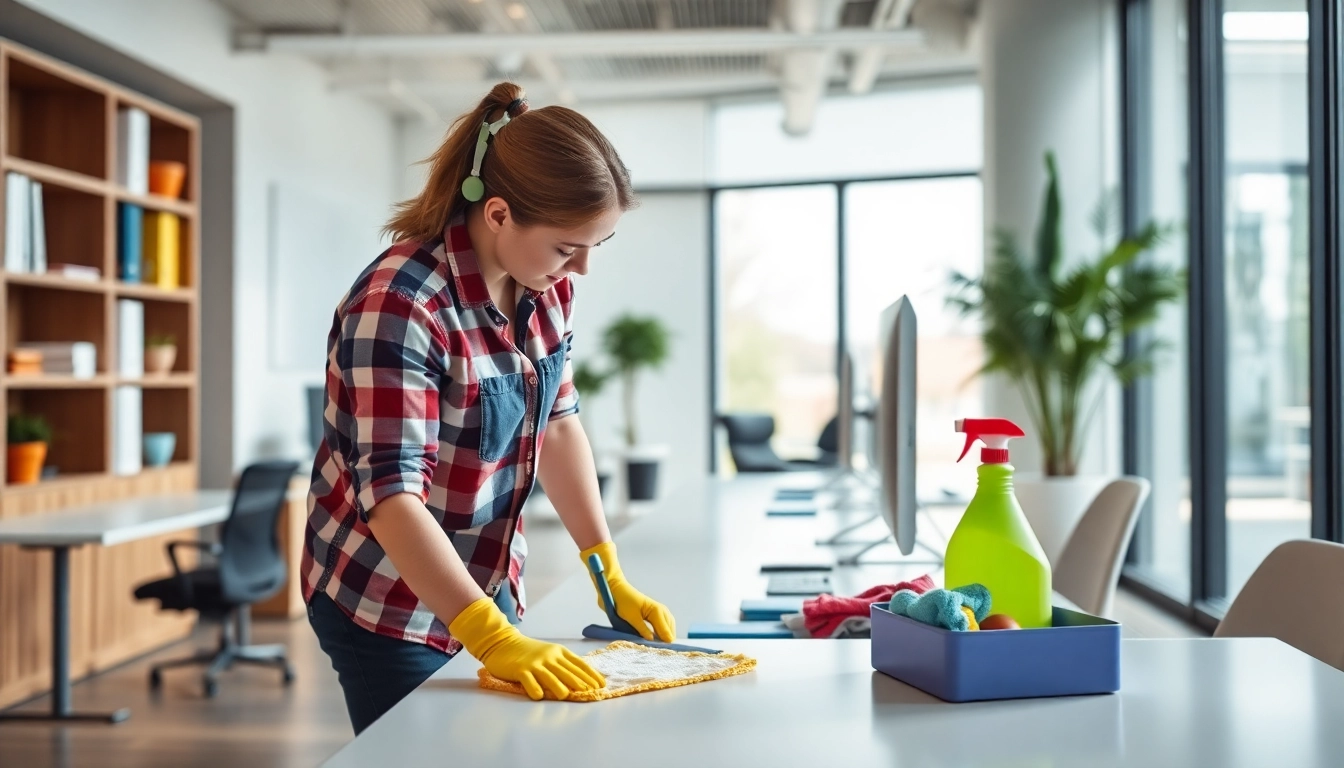 Jacksonville commercial cleaning services in action, showcasing bright cleaning supplies and a tidy office environment.