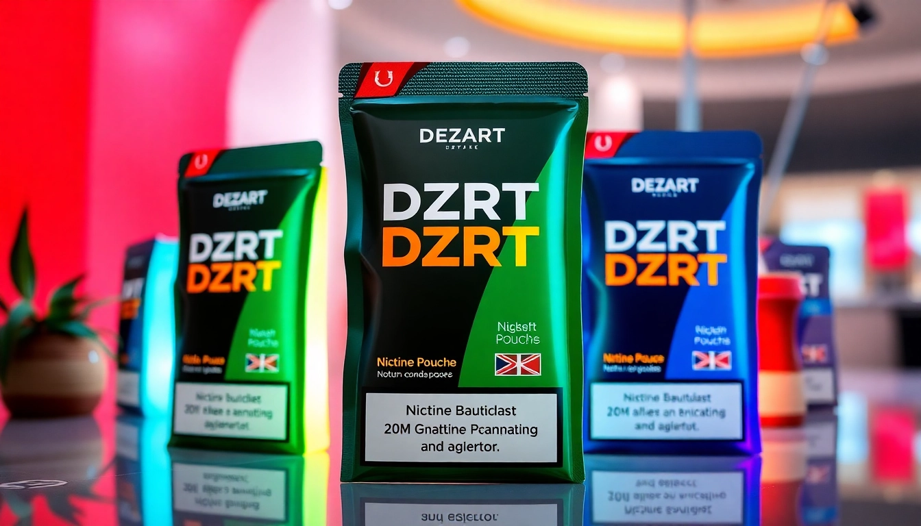 Highlight the unique DZRT Bahrain nicotine pouches with stylish packaging on a shelf.