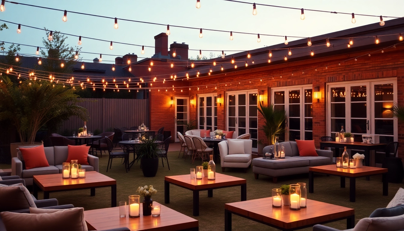 Enjoy an After Work Party with elegant decor and relaxed outdoor seating under string lights.