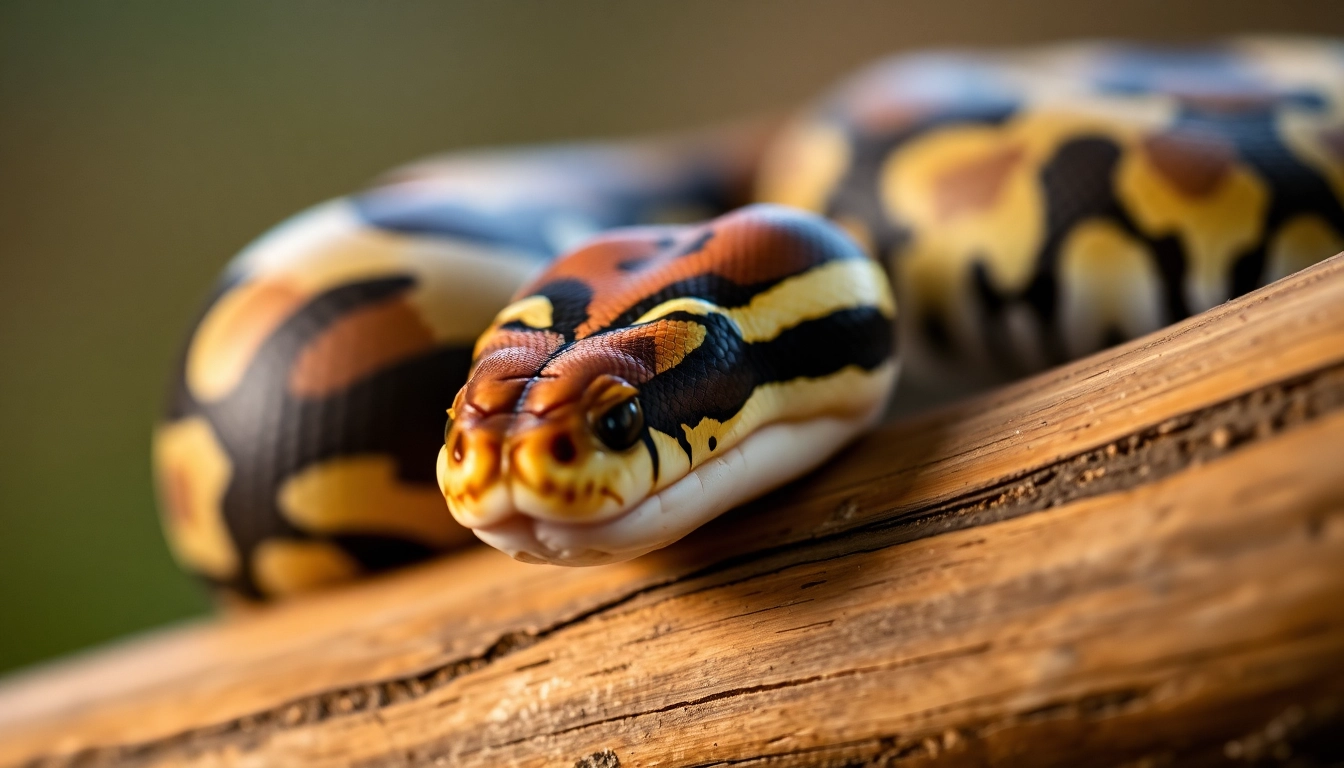 Active baby ball python exploring a branch in a natural habitat setting.