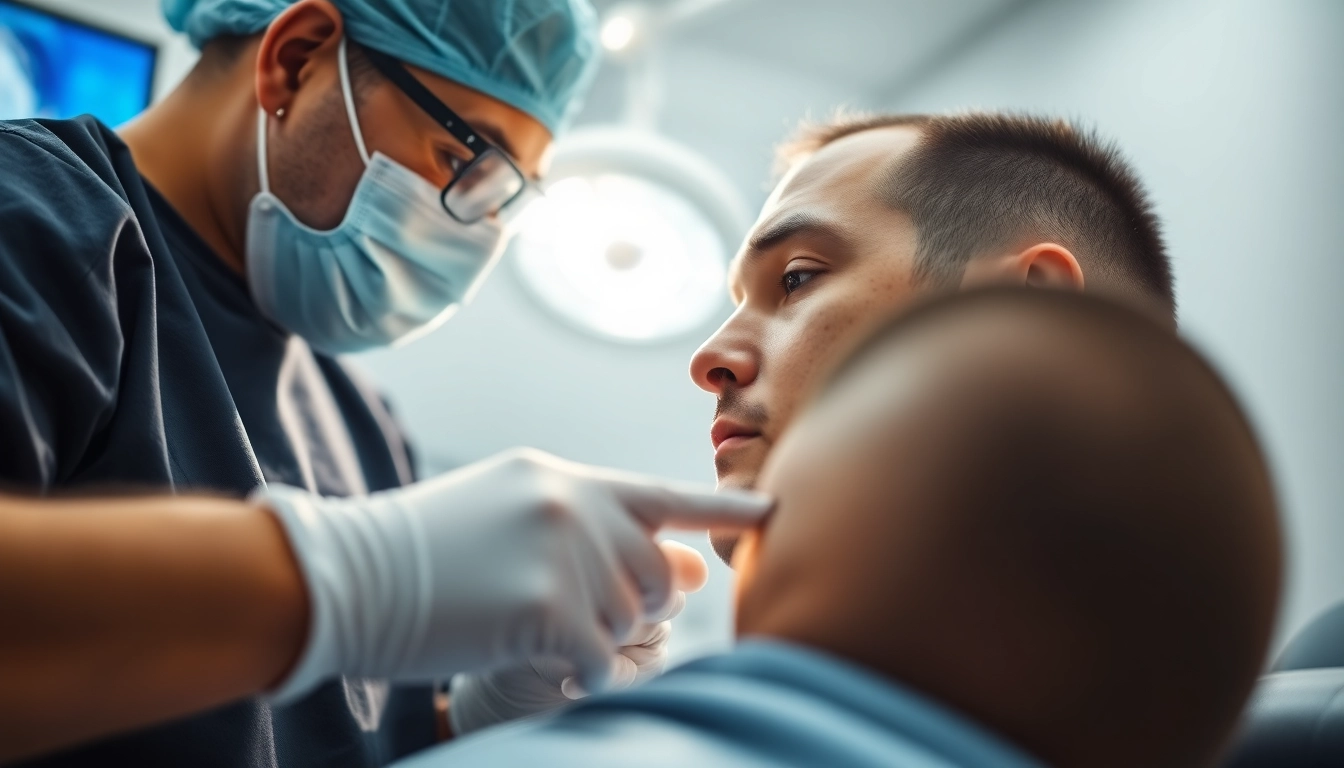 Professional hair transplant procedure showcasing skilled surgeon at work.