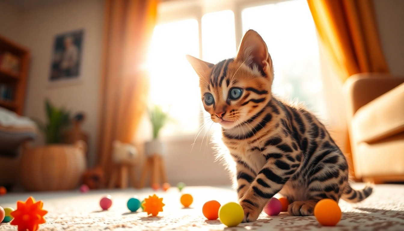 Adorable Bengal Kittens for Sale playing with toys in a sunlit room.