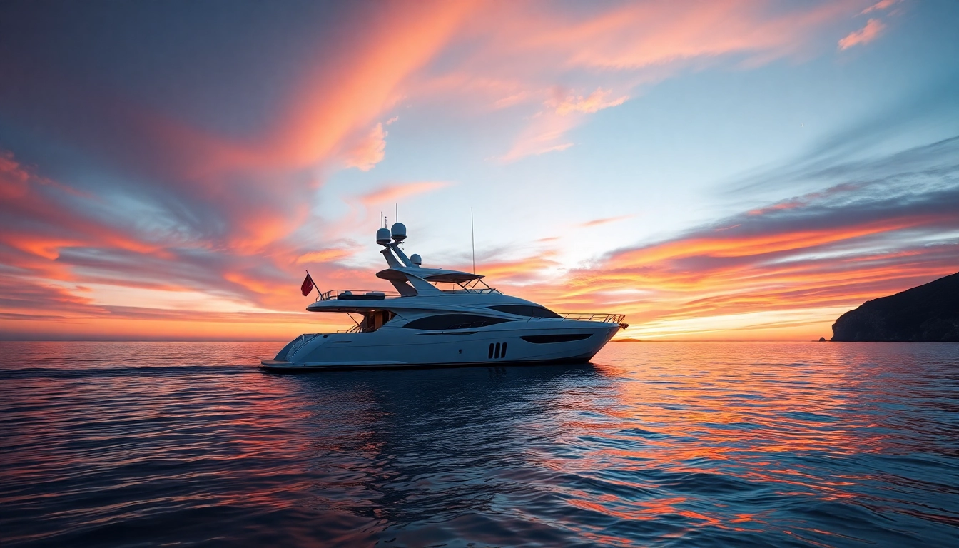 Experience the tranquil beauty of a sailing cruising boat against a stunning sunset backdrop.