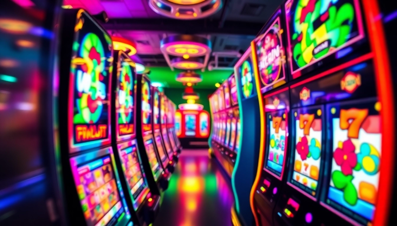 Spinning slot reels featuring bright colors and engaging designs in a lively casino atmosphere.