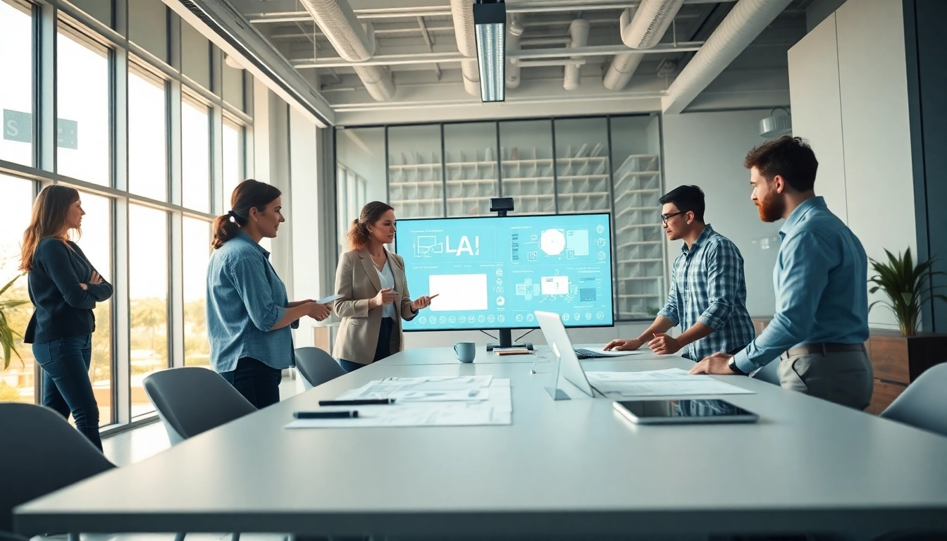 Showcasing AI design solutions, designers collaborate with futuristic tools in a modern workplace.