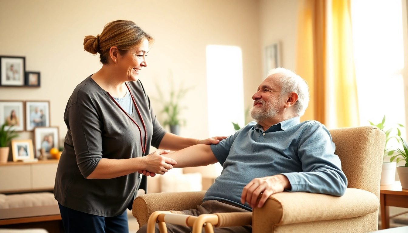 Supportive scene of austin senior home care, showcasing a caregiver assisting an elderly client in a bright and cozy setting.