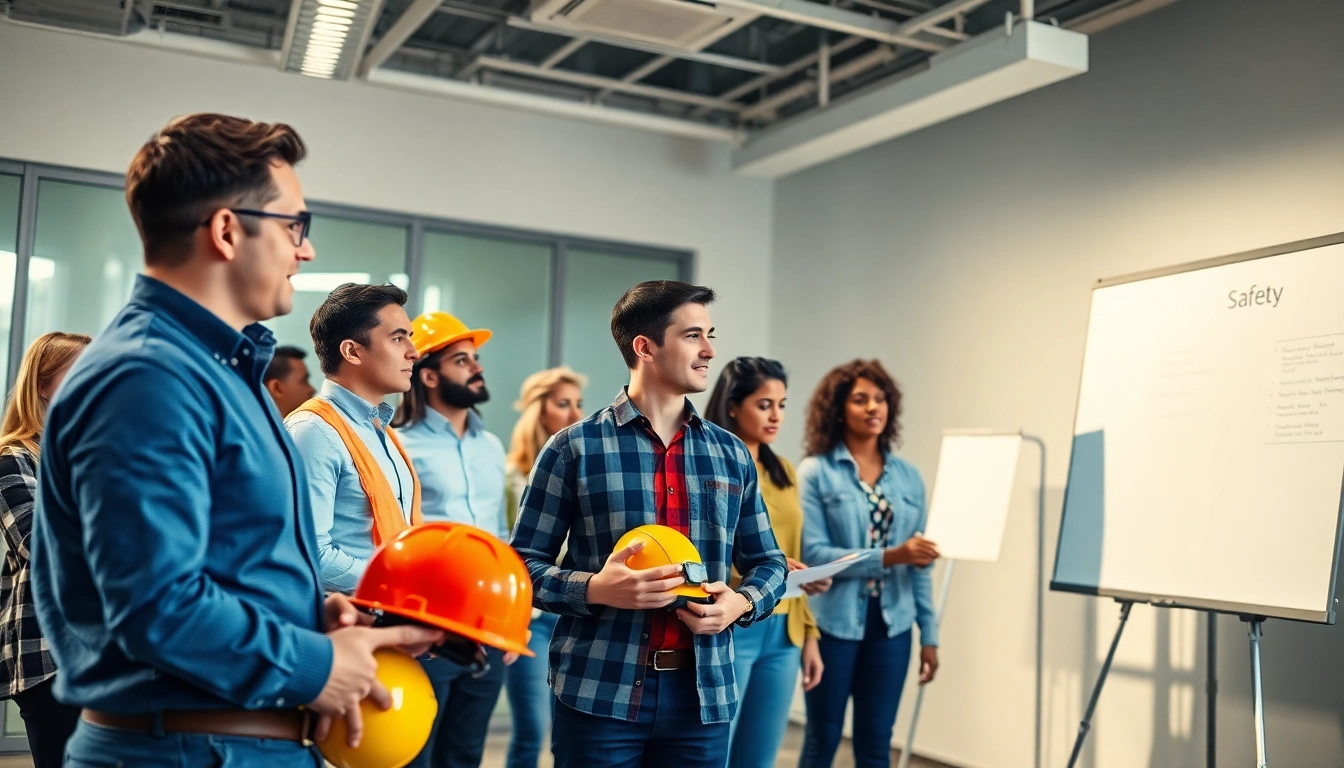 Employees engaging in Safety Training Programs with a trainer demonstrating safety techniques.