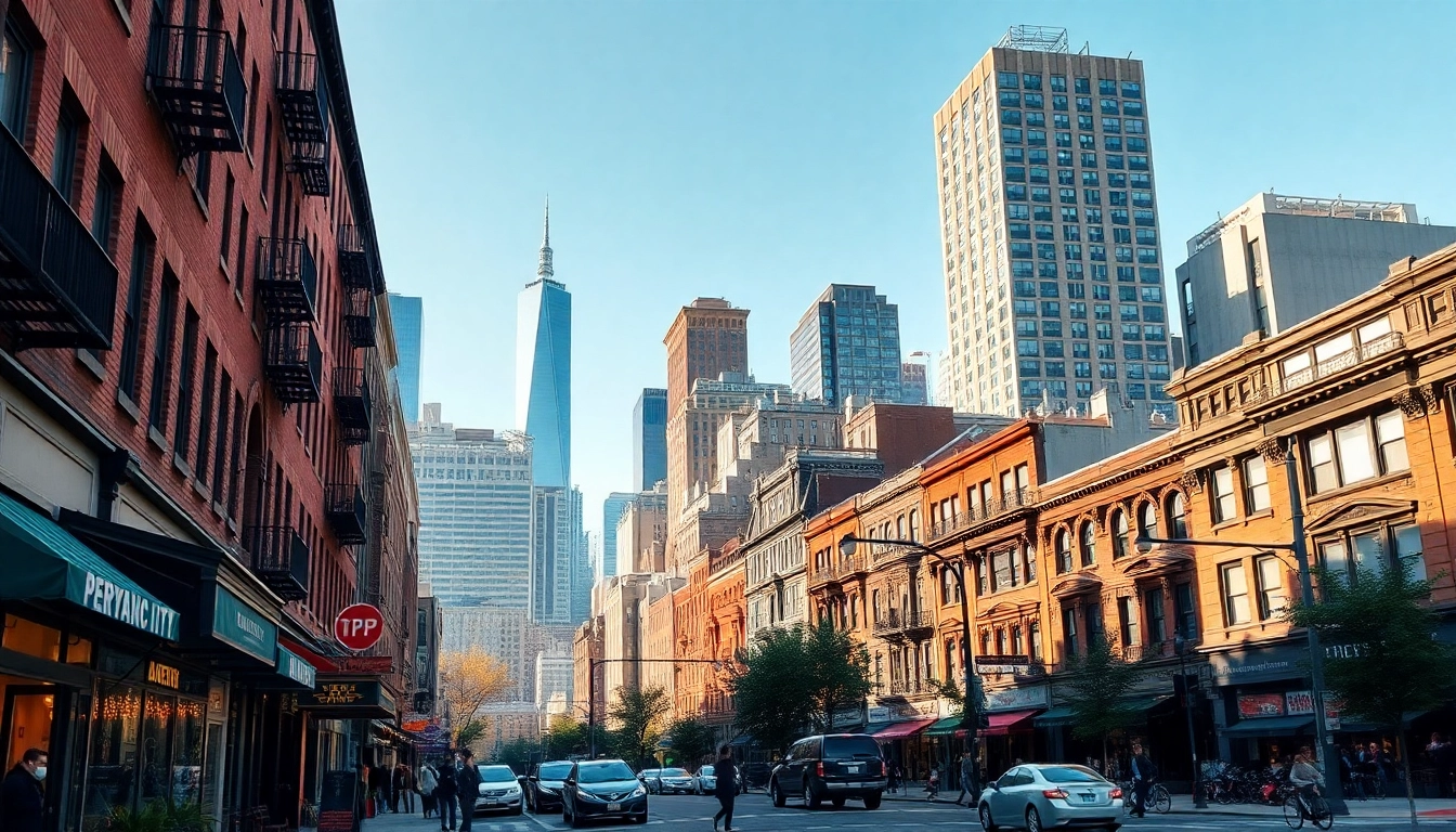 Discover the vibrant scene in Downtown Jersey City with a bustling street and iconic skyline