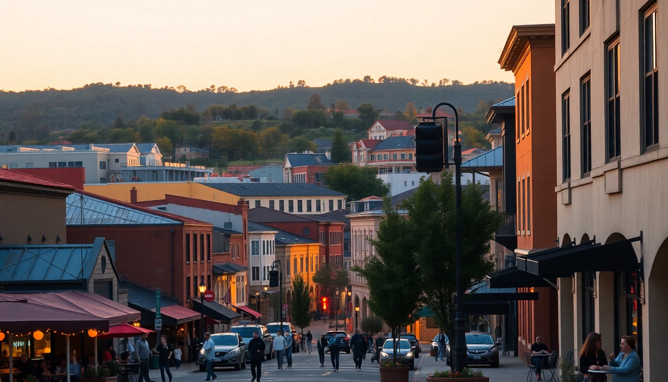 Clarksburg's vibrant street scene featuring people dining outdoors at sunset.