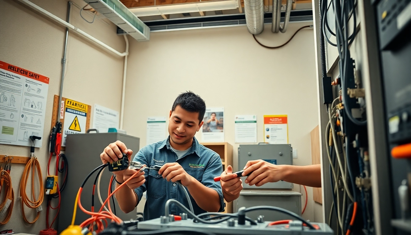 Electrician apprenticeship Hawaii: Engaged apprentices wiring circuits in a modern training facility.