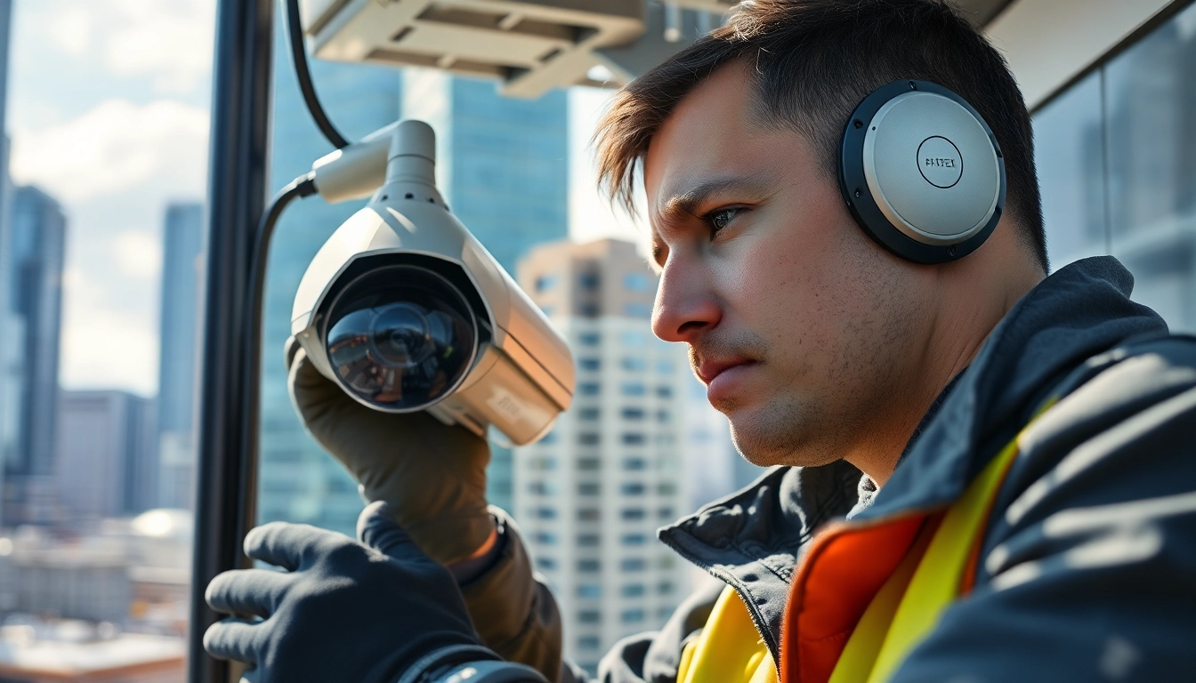 Edmonton tech security expert calibrates high-tech surveillance equipment, emphasizing professional reliability.