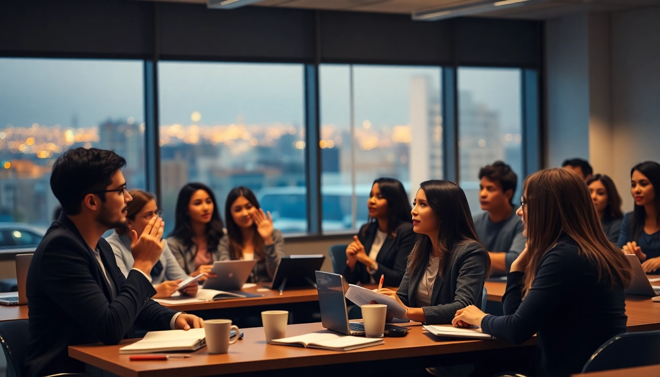 Engaged students in an evening JD degree class, actively participating in discussions with city lights around.