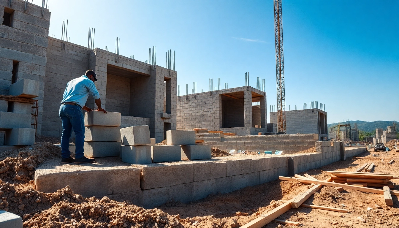 Constructing solid footing and block walls with skilled workers on a bright construction site.