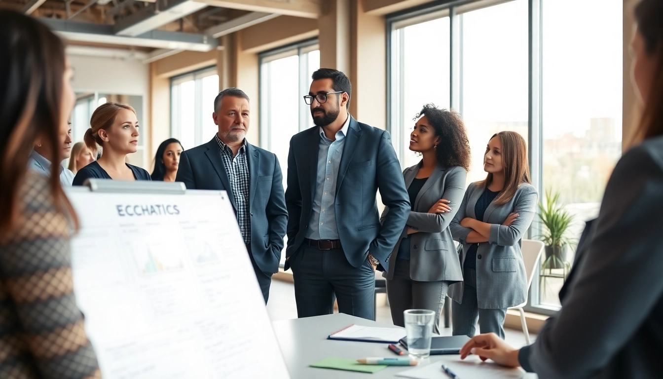 Empowered clients engaging in a business coaching service session with a skilled coach in a modern office.