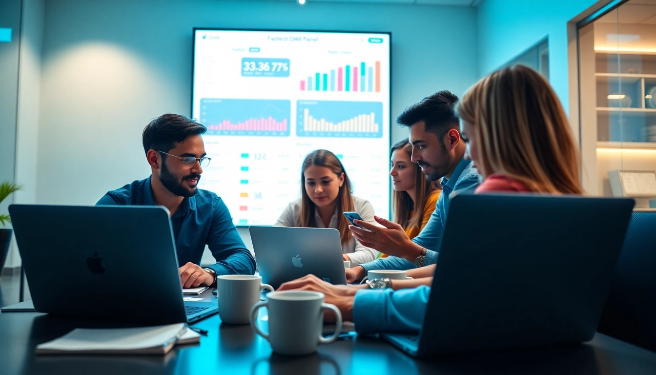 Explore the Fastest SMM Panel with a dynamic and focused team collaborating in a bright office space.
