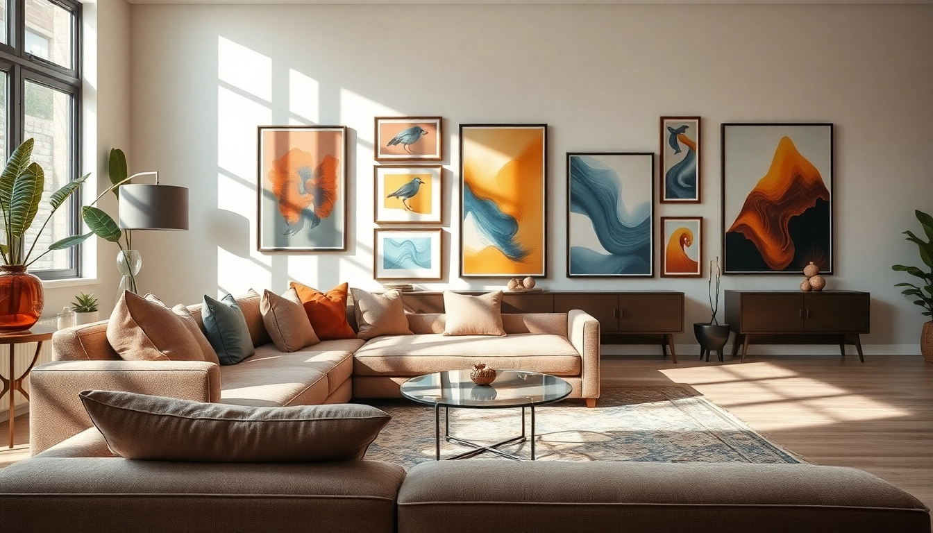 Showcasing large frames in a stylish living room setting with vibrant artwork and warm lighting.