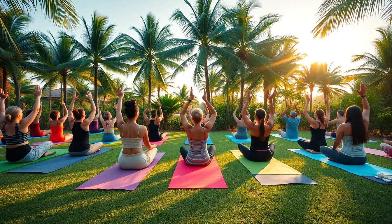 Participants enjoying a wellness retreat in Florida, practicing yoga amidst nature's tranquility.
