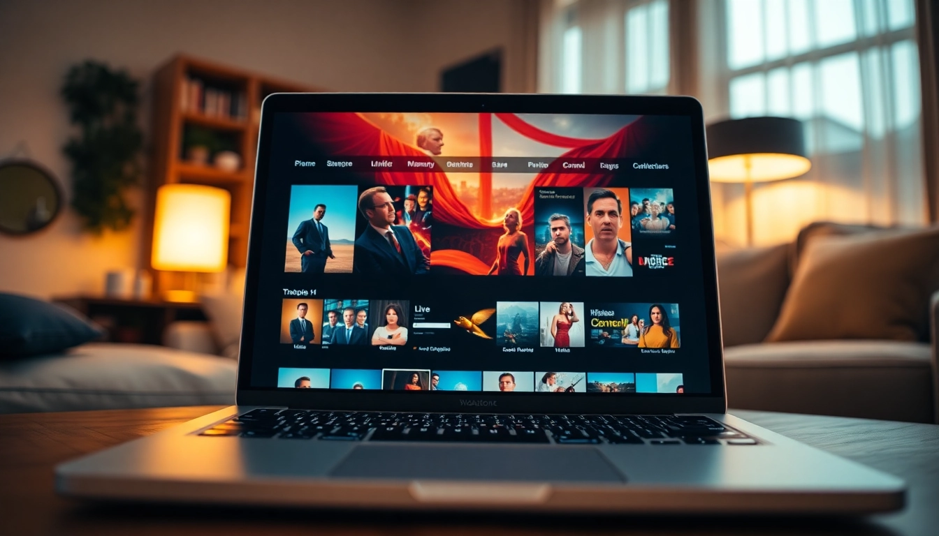 Experience a free streaming trial showcasing colorful content on a laptop in a cozy environment.