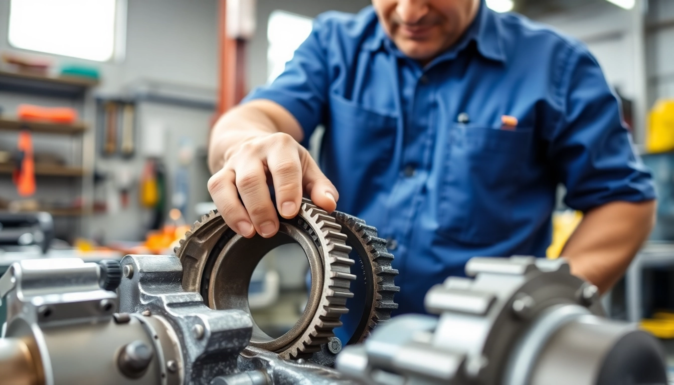 Mechanic engaged in gearbox bearing replacement, showcasing intricate engineering work.