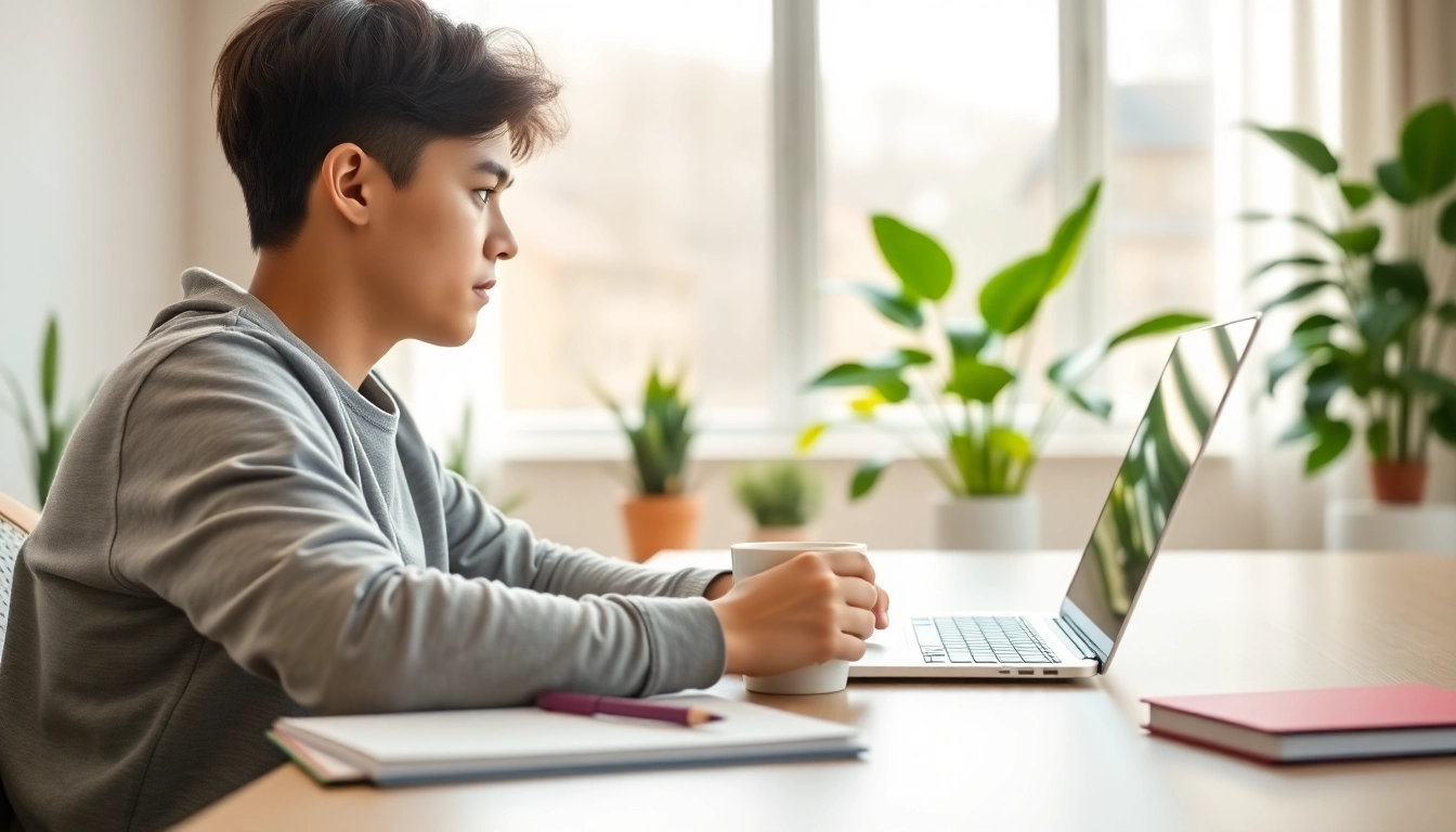Showcasing a young adult working in online jobs from a bright and stylish home office.