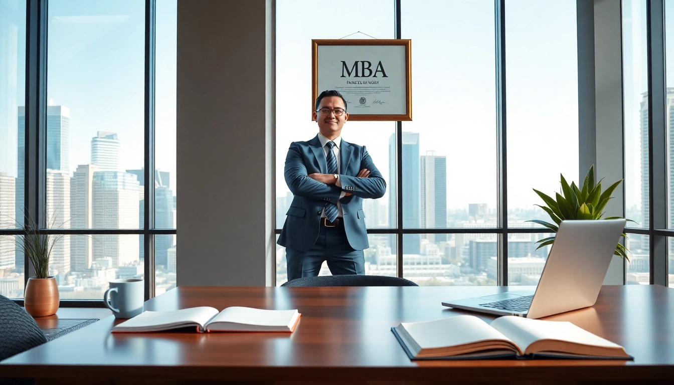 Learn how to buy an MBA degree in a bright, modern office setting featuring a successful professional.