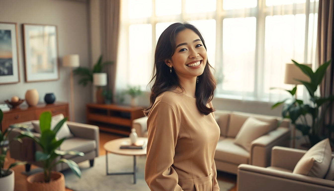 av배우가 세련된 아파트에서 자연광을 받으며 우아하게 포즈를 취하고 있습니다.