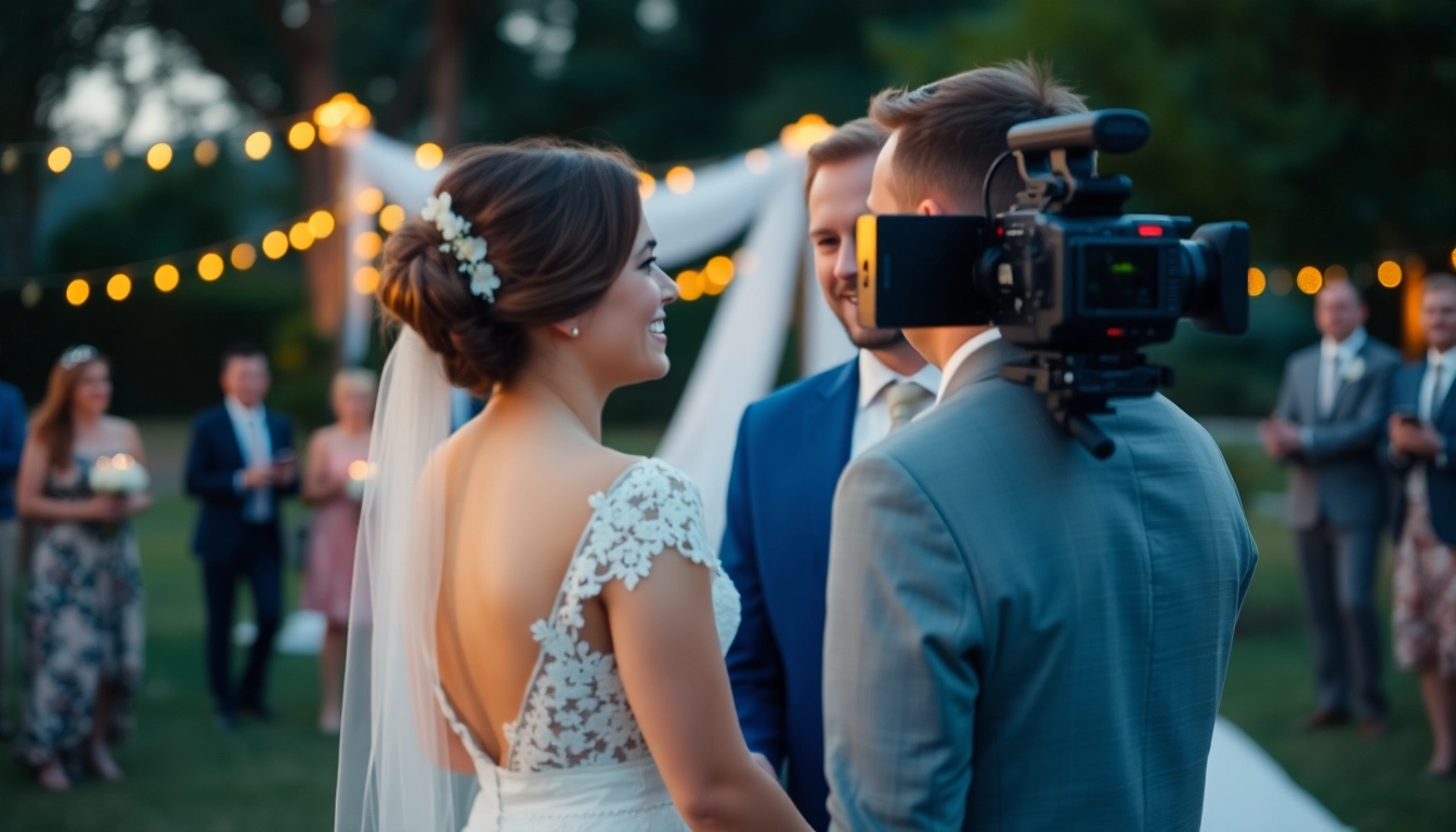 Wedding videographer in Ireland capturing a couple’s first dance at sunset with guests enjoying the moment.