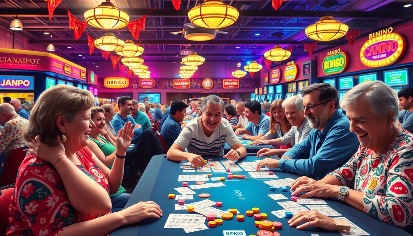 Engaged players enjoying a dynamic bingo casino game surrounded by colorful cards and lively decor.