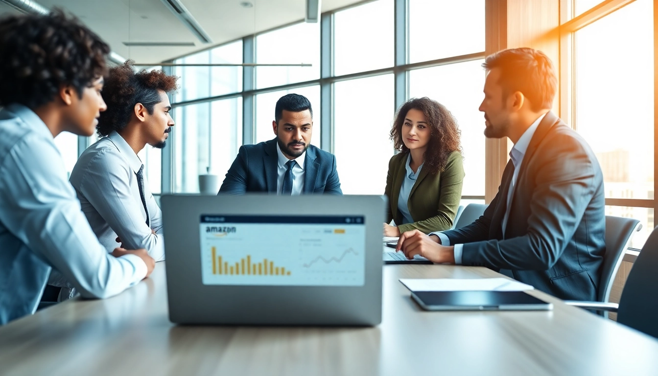 Amazon growth partner collaborating in a business meeting, analyzing sales strategies in a modern office.